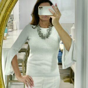 🤍 MinniRose On-Trend Metallic Silver Cotton Long Slash Sleeve Crew Neck Sweater